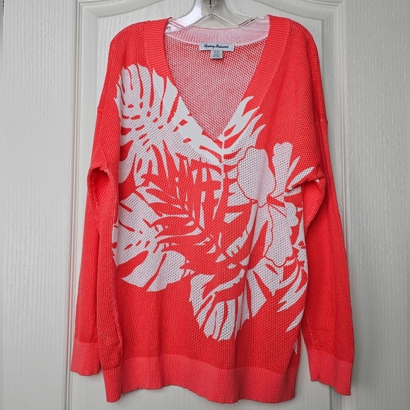 Tommy Bahama Sweaters - Tommy Bahama Women's Island Savanah Tropical Cotton V-Neck Sweater Coral & White